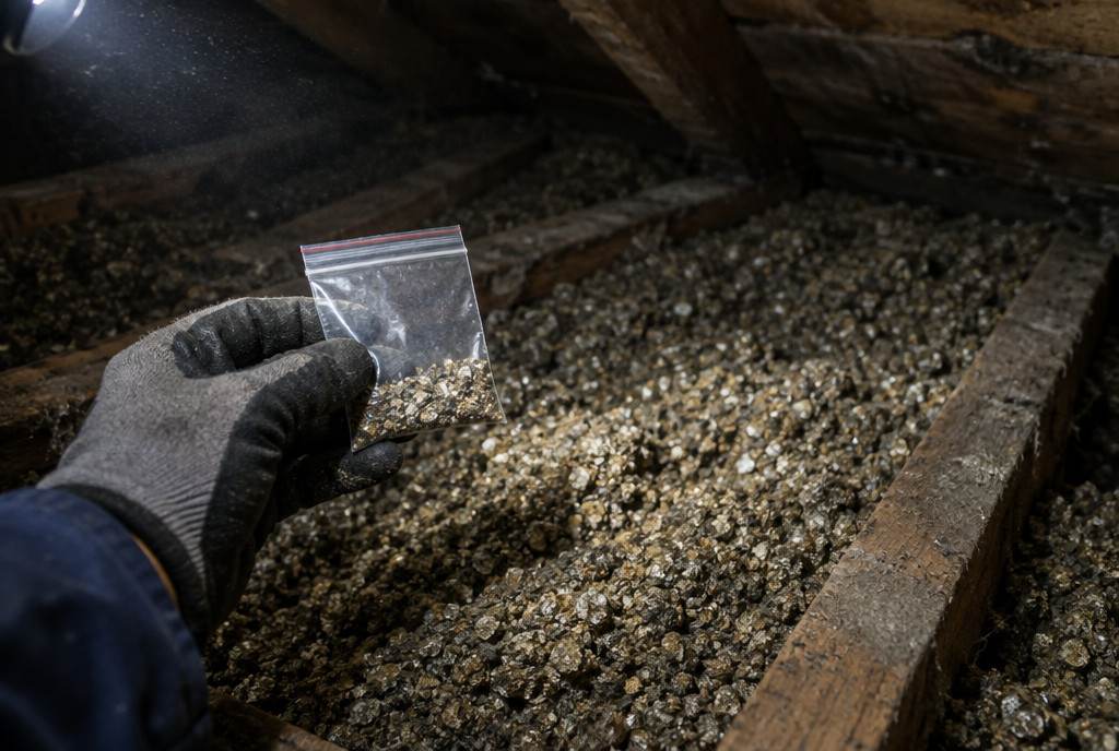 A gloved hand holding a sealed sample bag above vermiculite insulation between attic joists