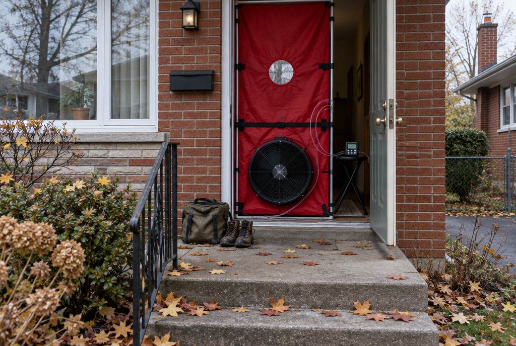 A red blower-door panel with a large fan fitted into the front doorway of a brick bungalow, a pressure gauge on a stool inside