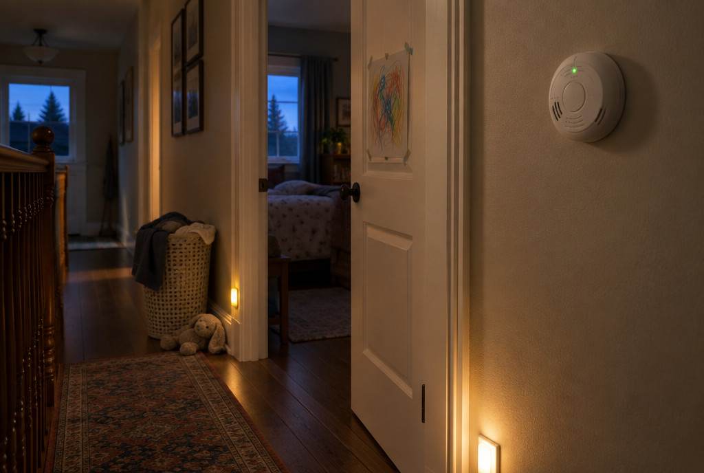 A carbon monoxide alarm on an upstairs hallway wall outside the bedrooms at night