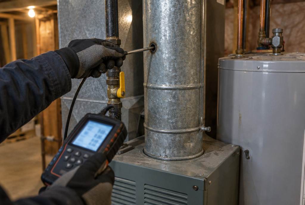A gloved hand inserting a combustion analyzer probe into a furnace flue pipe in a basement