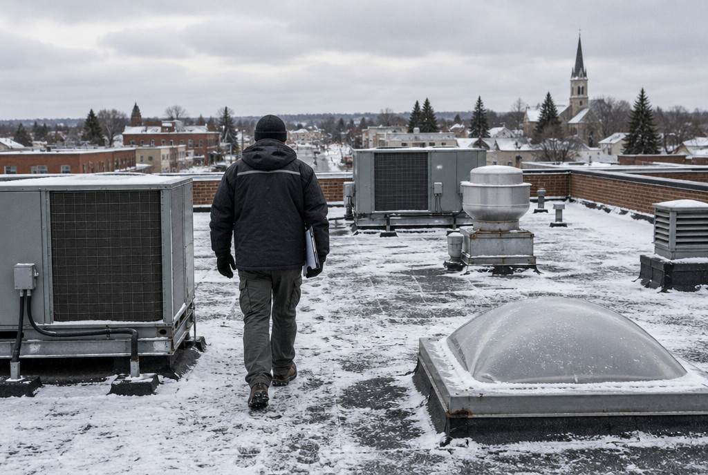 An auditor walking between rooftop heating and cooling units on a snowy commercial roof