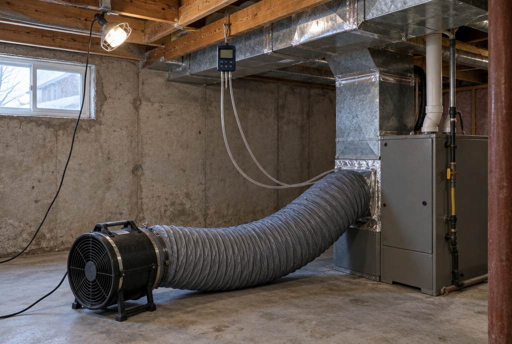 A duct-testing fan on a basement floor connected by flexible duct to a furnace, a pressure gauge hanging from a joist