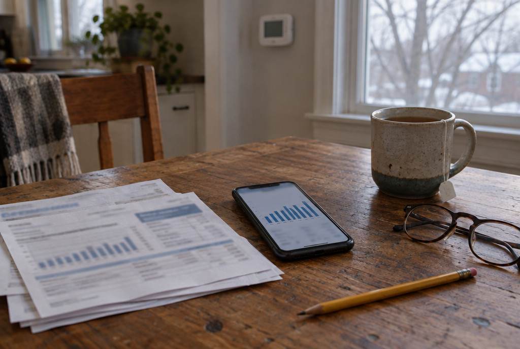 Utility bills and a phone showing a monthly energy-use chart on a kitchen table