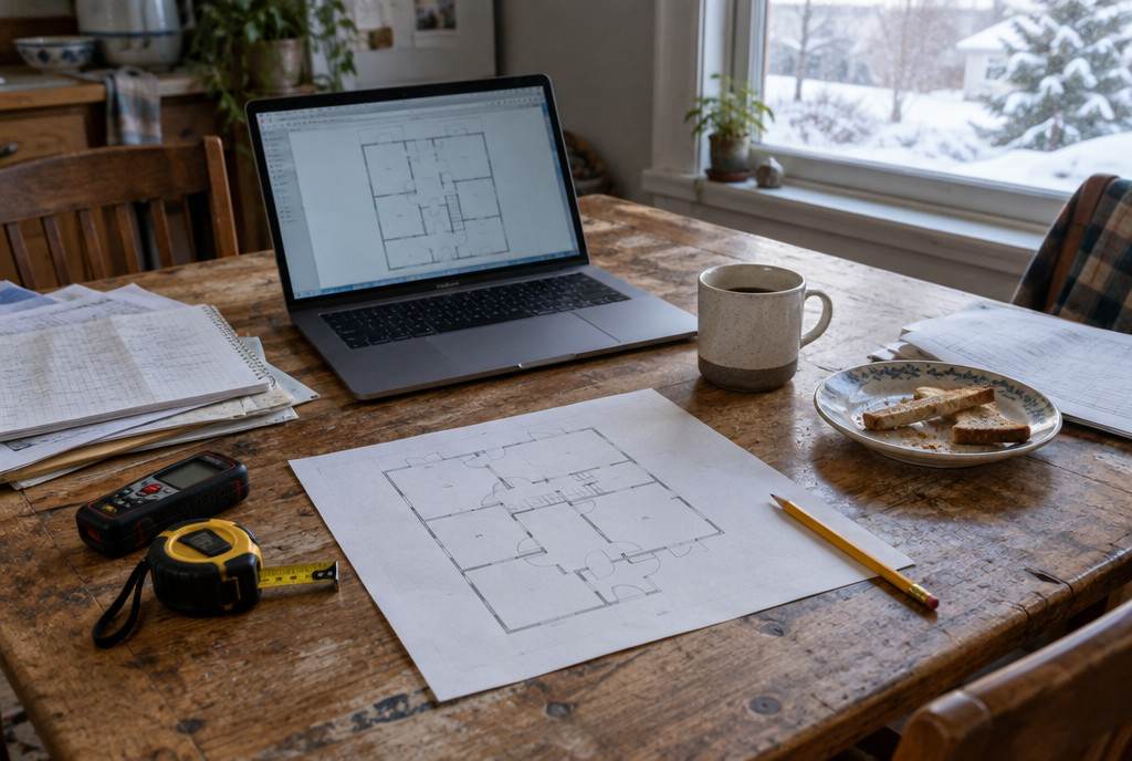 A kitchen table with a house floor plan, a laser measure, a tape measure and a laptop showing the plan