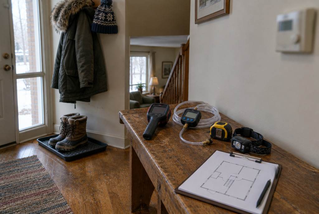 An energy advisor’s kit on a front-hall bench: infrared camera, pressure gauge with tubing, tape measure, headlamp and a floor sketch