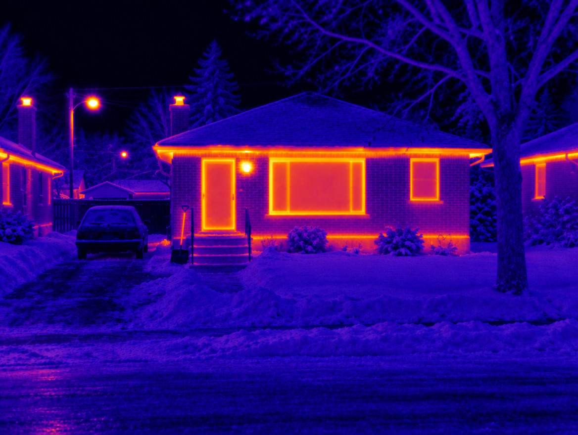 The same bungalow as an infrared camera sees it: heat glowing around the door, window frames, eaves and the rim joist above the foundation