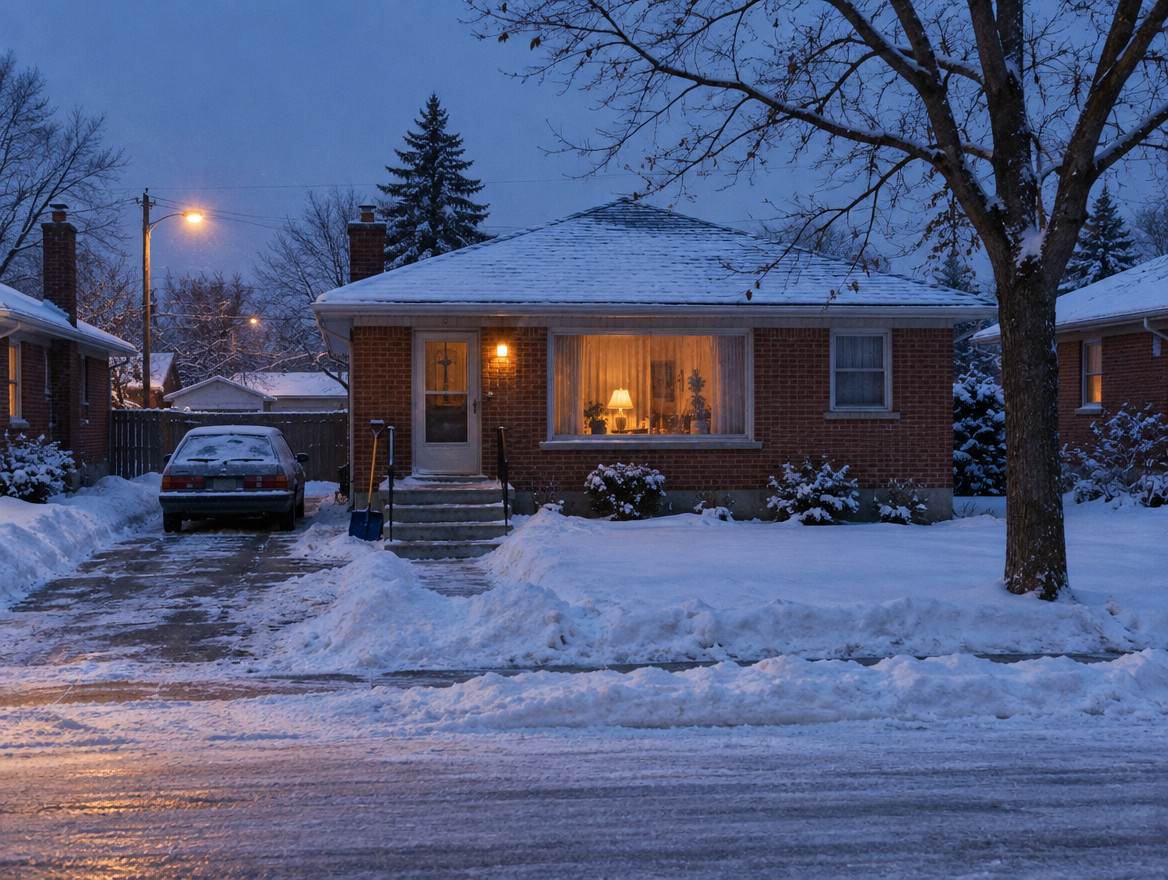 A 1950s brick bungalow on a snowy suburban street at dusk, lamplight in the front window