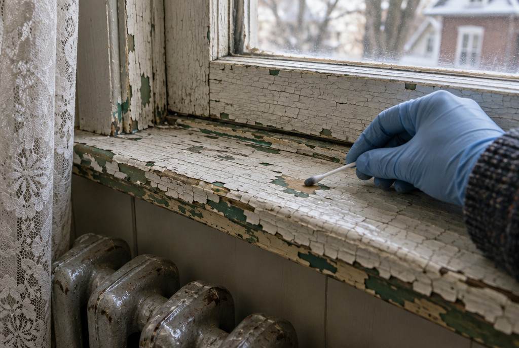 A gloved hand swabbing layers of cracked old paint on a wooden window sill