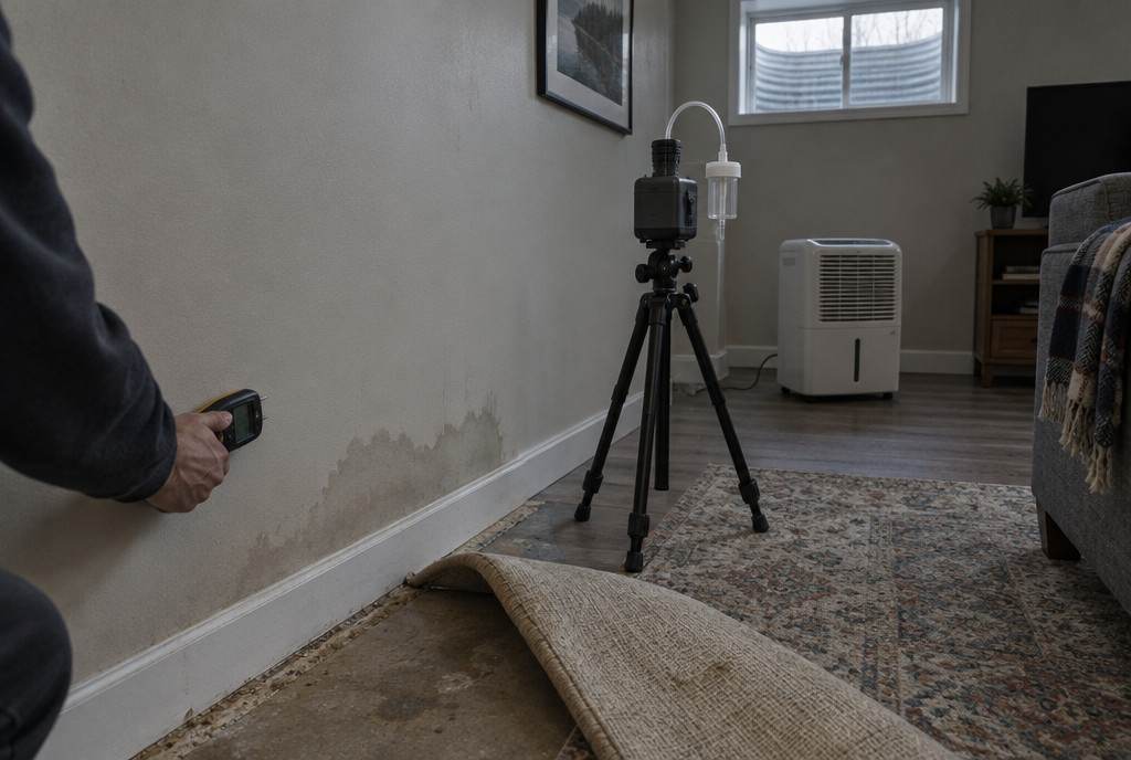 A moisture meter pressed into water-stained basement drywall, an air-sampling pump on a tripod nearby