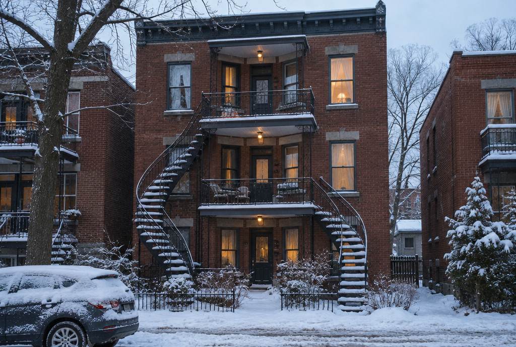 A brick Montréal plex with exterior spiral staircases in winter