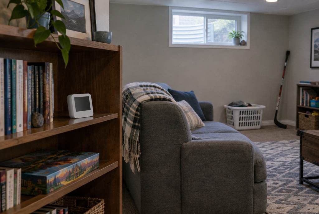 A small digital radon monitor on a bookshelf in a finished basement family room