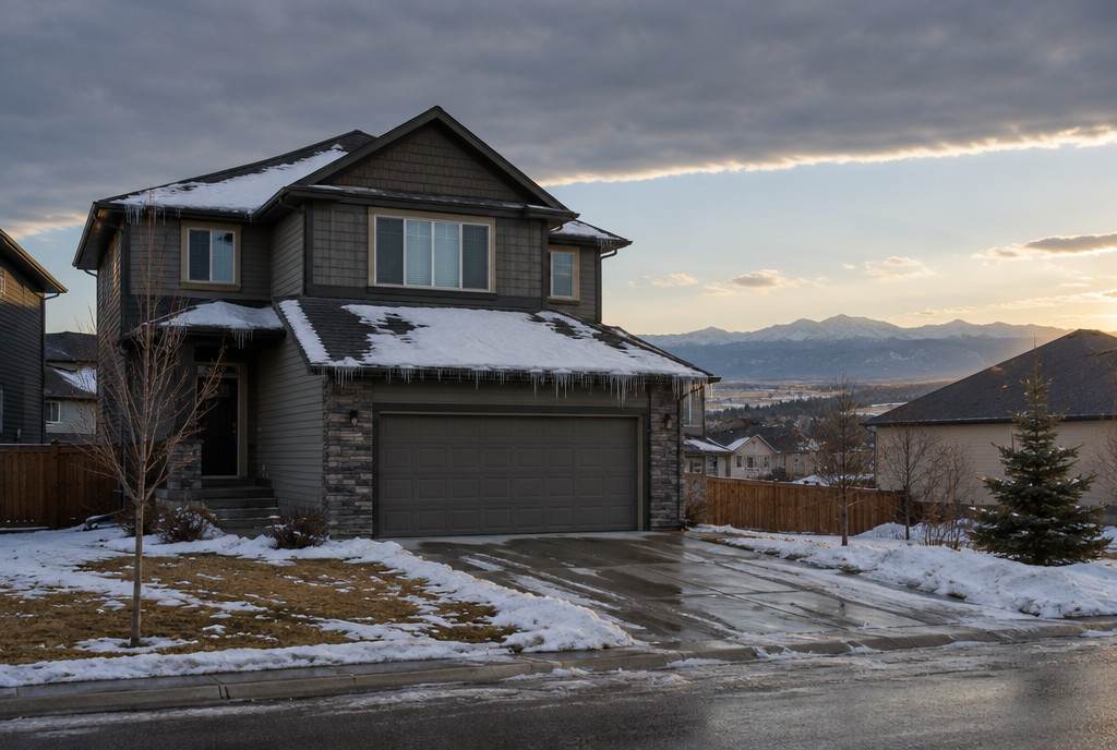 A two-storey Calgary house with a double garage under a chinook sky, mountains on the horizon