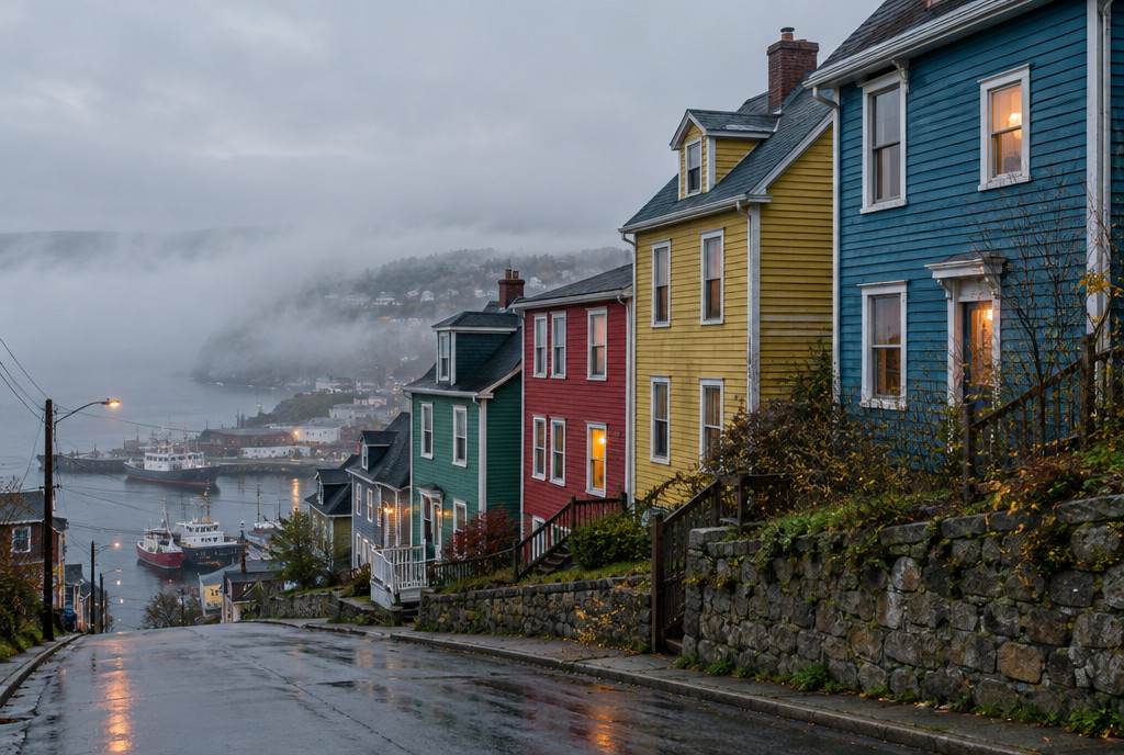 Colourful wooden row houses on a steep street above a foggy Atlantic harbour