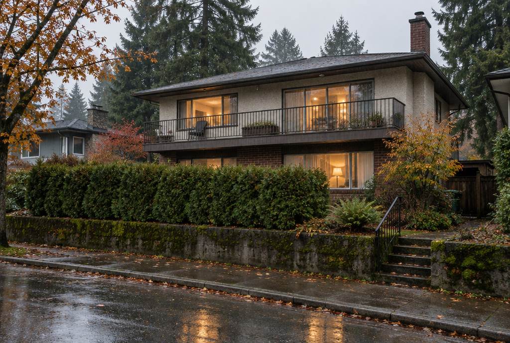 A two-storey Vancouver Special house on a rainy street above a mossy retaining wall