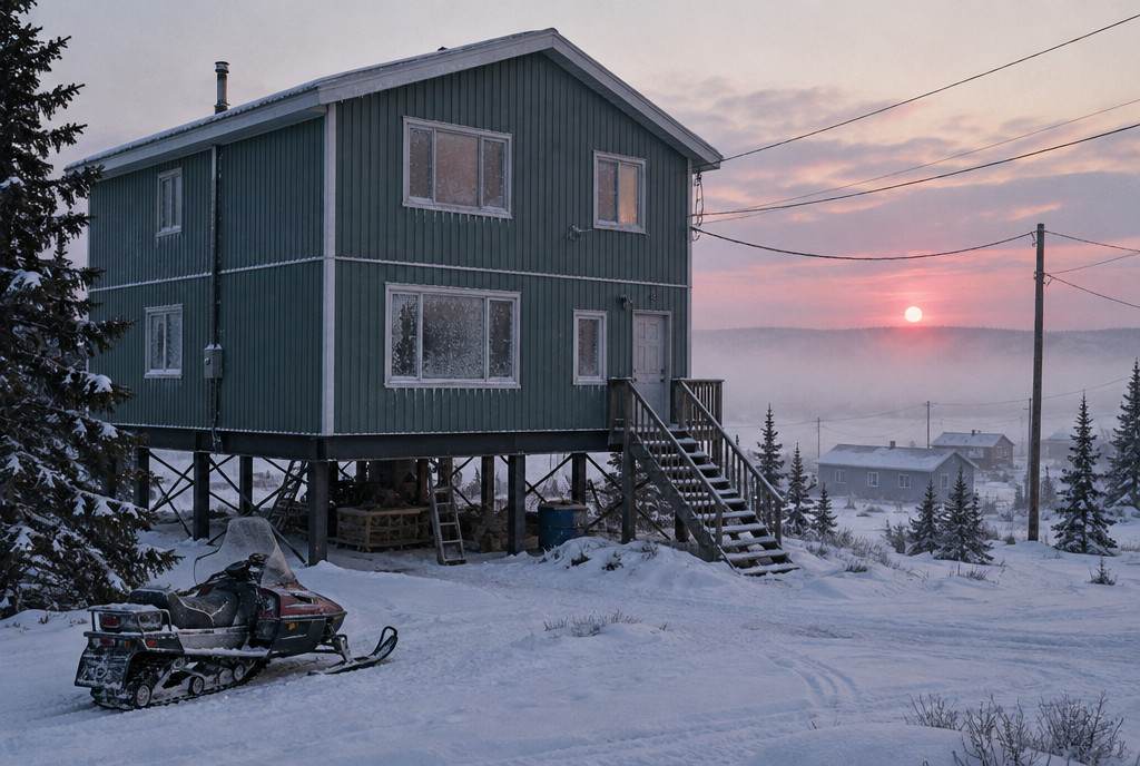 A house raised on steel piles in a northern town, a snowmobile parked outside in ice fog