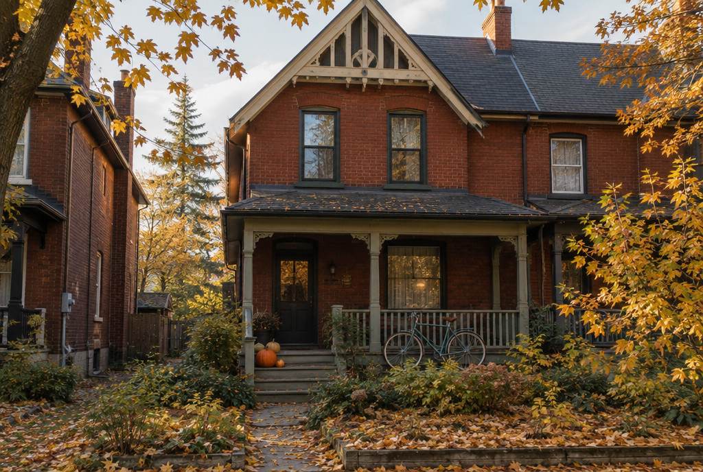 A Victorian red-brick semi-detached house with a front porch in autumn