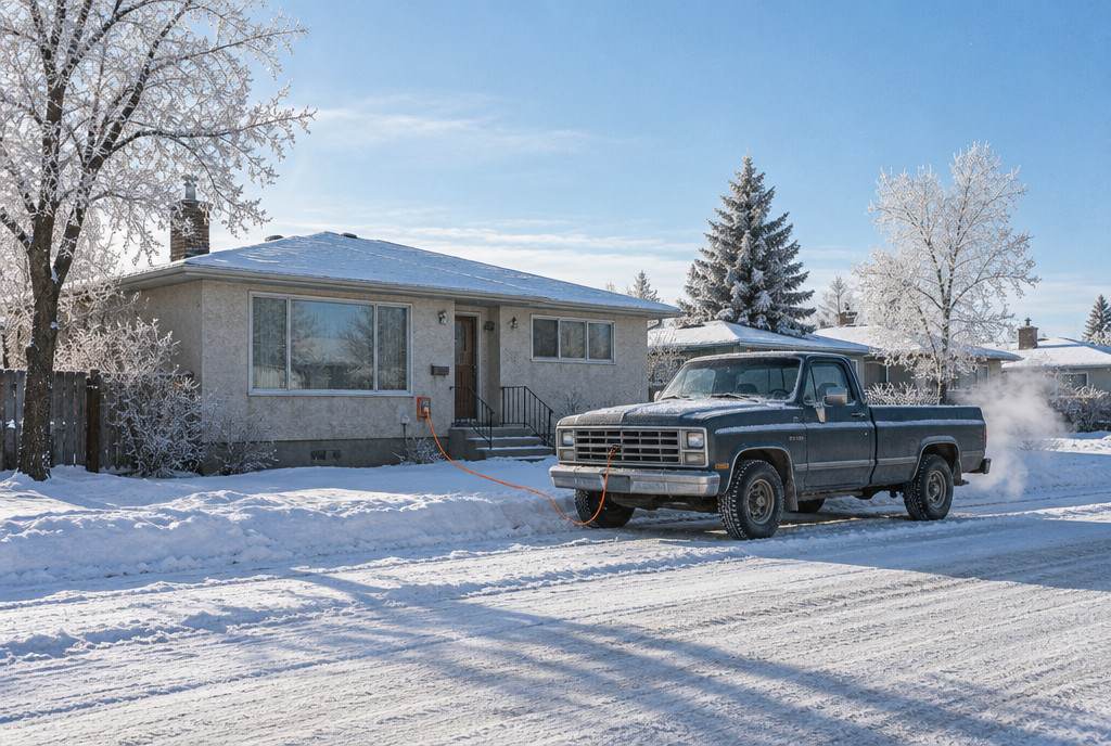 A stucco bungalow on a frosty Prairie street, a pickup truck plugged in for its block heater