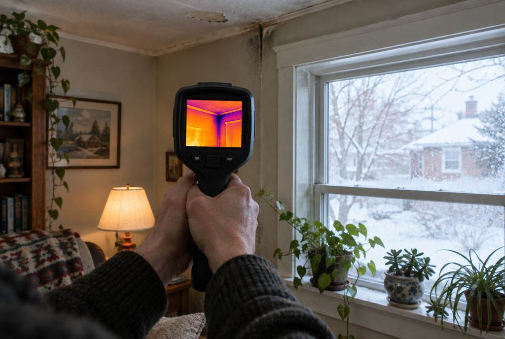 Hands holding an infrared camera aimed at a ceiling corner beside a frosty window; the screen shows a cold streak