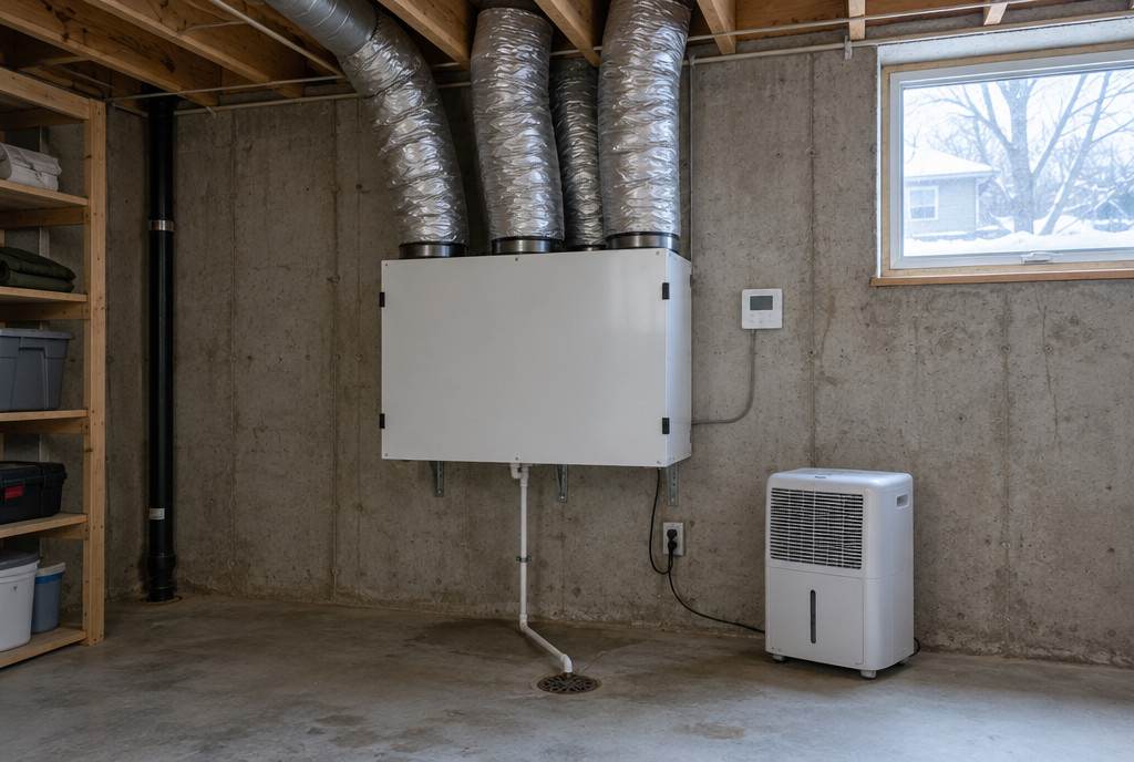 A heat recovery ventilator on a basement wall with four insulated ducts running up between the joists