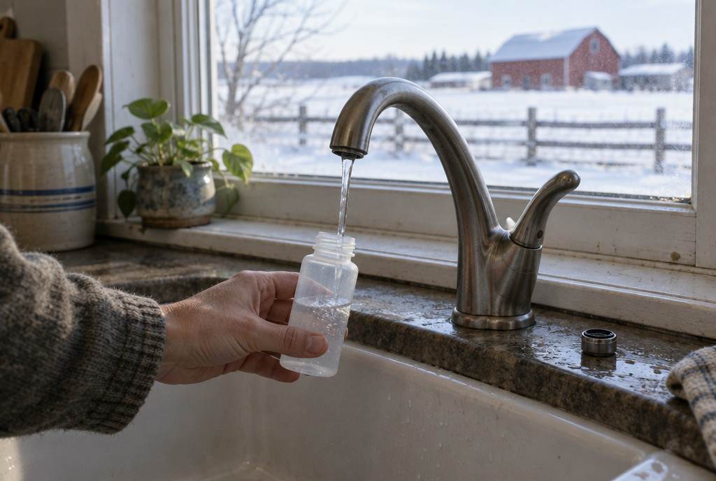 Filling a water-sample bottle at a farmhouse kitchen tap with the aerator removed, snowy fields and a barn outside
